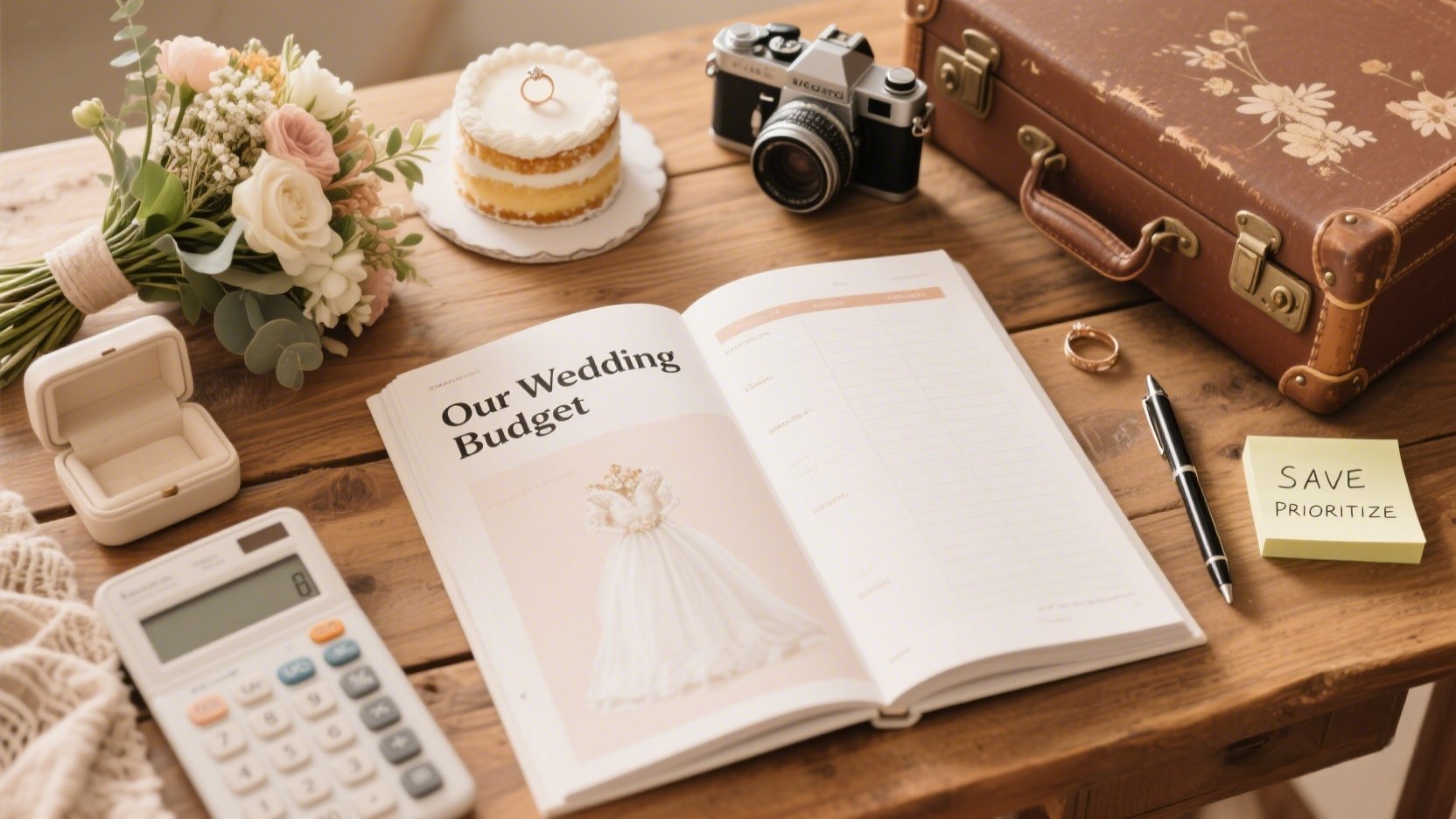 Wedding budget planner with calculator and planning items
